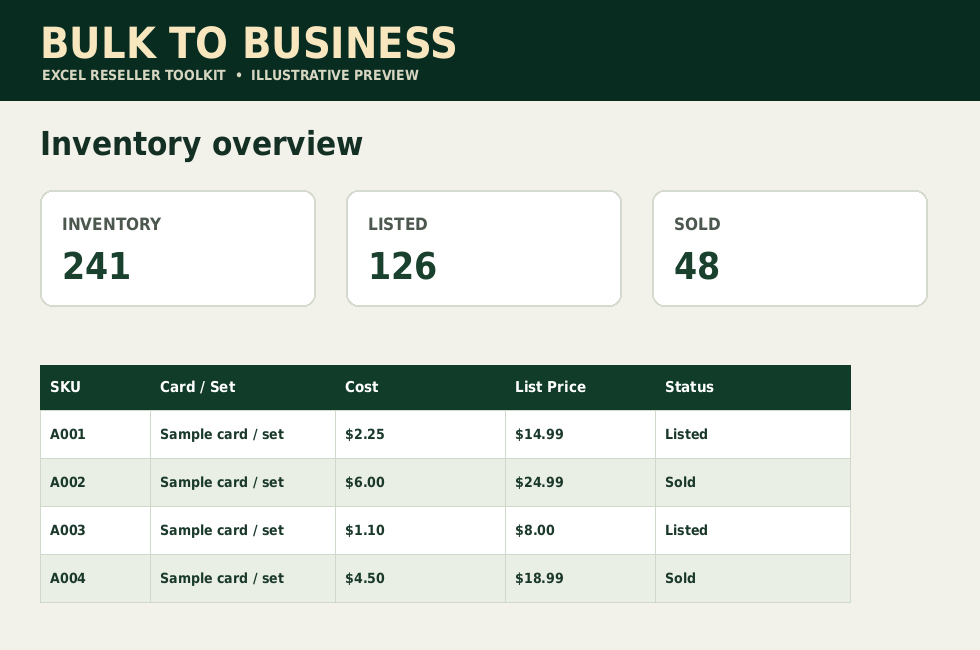 Illustrative Excel inventory worksheet preview, not actual workbook screenshot
